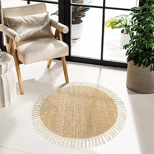 Boho Round Area Rug, Soft Hand Woven Washable Bedroom Carpet 3ft | Modern Farmhouse Bedside Rugs with Tassels, Tan/Cream Circle Nursery Rugs for Living Room Dining Room Table Office - color: Tan/Cream, size: 3' (Round)