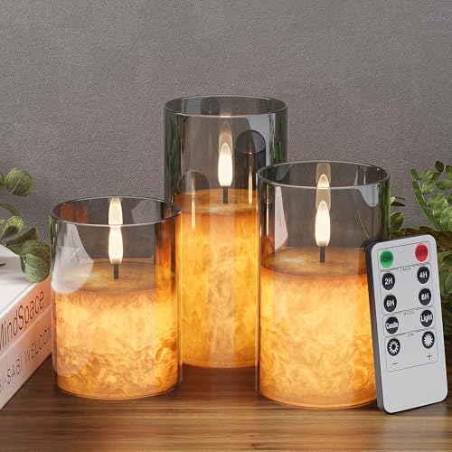 Battery Operated Flameless Candles with Remote & Timer, Grey Glass 3Pack | Real Wax Crystal Texture, D3×H4/5/6", 2/4/6/8H Timer, Dimming, Flickering Realistic LED Candles for Wedding Table Decor - color: Gray