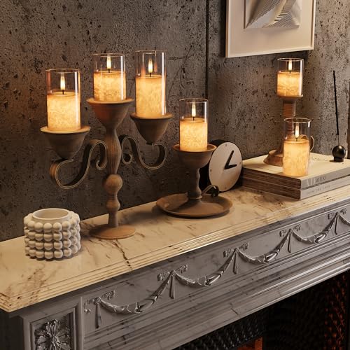 VIODAIM Ice Crystal Real Wax Glass Flameless Candles with Remote & Timer, Battery Operated Candles with Warm Flickering Flame, Realistic LED Candle for Wedding Home Decor [D3×H4/5"/6"] Clear, 3Pack | Real Wax Crystal Texture, D3×H4/5/6", 2/4/6/8H Timer, D