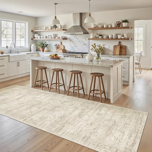 Soalmost Washable Kitchen Runner Rug 3x8 Hallway Entry Rugs Non-Slip, Beige | Vintage Runners 8ft for Bathroom Laundry Room, Foldable Low-Pile Floor Carpet Mat for Entryway Corridor Bedroom - color: Beige, size: 3' x 8' (Runner)