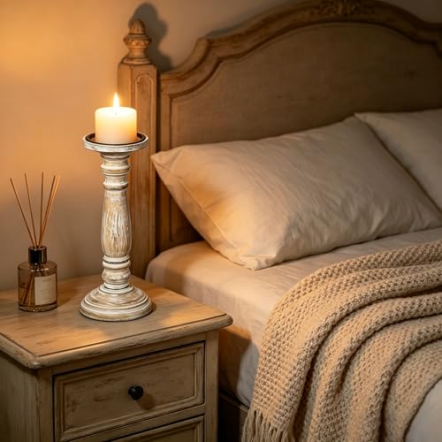 Hosley Farmhouse Wood Pillar Candle Holders Set of 2 – 12” Distressed Finish Tall Candlesticks for Table Centerpieces, Living Room, Wedding & Rustic Home Décor - size: 12 inch high x 2 Count