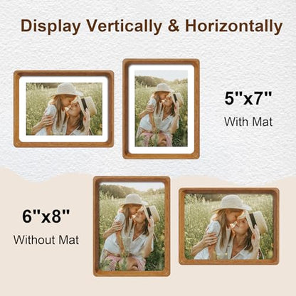 6x8 Picture Frame Set of 2, Natural Teak Wood Solid Wood 6 by 8 Photo Frames with 5x7 Mat with Real Glass for Wall and Tabletop Display - color: Natural Teak, size: 6x8-2Pack