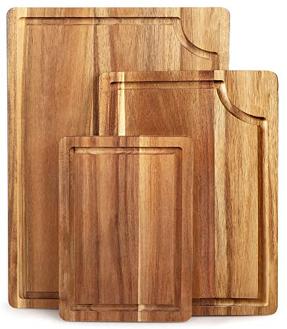 Acacia Wood Cutting Board Set with Juice Groove (3 Pieces), Organic Wooden Cutting Boards for kitchen, Butcher Block Cutting Board for Meat, Vegetable, Wooden Chopping Board 15x10, 12x8, 9x6 inch - color: Light Brown
