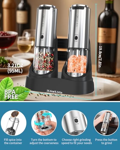 CIRCLE JOY Rechargeable Salt and Pepper Grinder Set Stainless Steel Electric Pepper Grinders with Variable Grinding Speed, External Adjustable Coarseness, Charging Base and White LED Light, Silver - color: 2-Speed Rechargeable Set with Charging Base