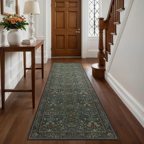 GENIMO 2.5x10 Washable Long Runner Rug, Non Slip Hallway Mat, Dark Green | Vintage Boho Floral Low Pile Thin Mat for Entryway, Kitchen, Bedroom, Indoor Decor - color: Dark Green, size: 2'6" x 10' (Rectangular)