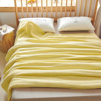 LGYKUMEG 100% Cotton Muslin Large Throw Blanket 71x79 inch - Lightweight, Breathable and Soft, Waffle Weave Striped Gauze Bed Blankets,Yellow - color: Yellow, size: Twin 71x79 inch