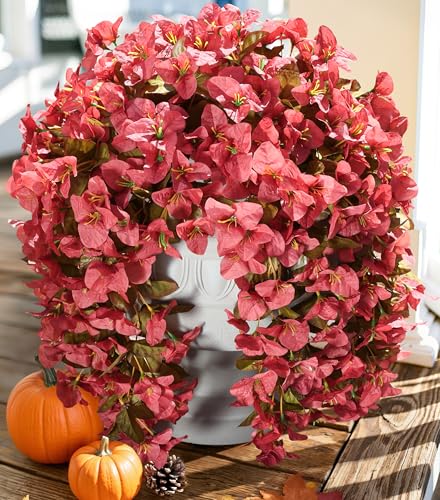 Bougainvillea Artificial Flowers for Outdoors Fake Plants Fall Autumn Decor, 2 pcs Faux Long Trailing Vines UV Resistant Look Real Red Silk Flowers for Outside Planter Front Door Porch Urn Yard Patio - color: Fall Red