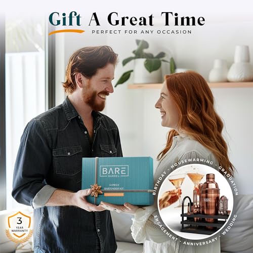 BARE BARREL® Mixology Bartender Kit Bar Set | 14-Piece Cocktail Shaker Set | Martini Barware Mixing Tools for Home Bartending | 35 Recipe Cards | Gift Set (24oz Cobbler Shaker, Copper/Black) - color: Copper/Black