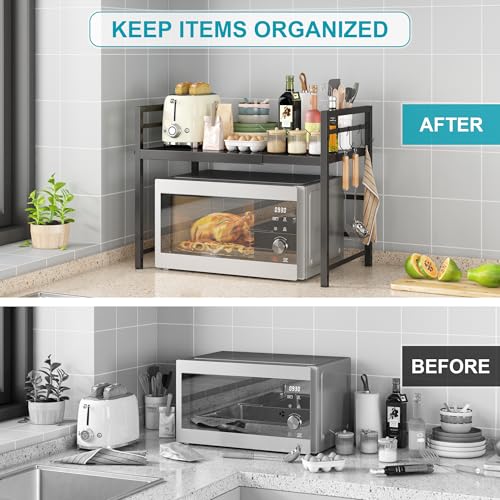 DOLALIKE Microwave Oven Rack, Expandable Microwave Stand Countertop Kitchen Utensils Tableware Storage, Carbon Steel Over Microwave Shelf Countertop with 3 Hooks (Pack of 2) - color: Black, size: 2 Tier (Without Spice Rack) (Pack of 2)