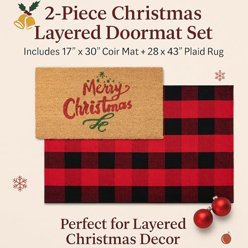 Christmas Door Mat Combo Set - 100% Coco Coir Welcome Mat + 28 x 43 Inch Red and Black Plaid Rug, New Year Holiday Christmas Collection Doormat for Front Porch Entryway Decor