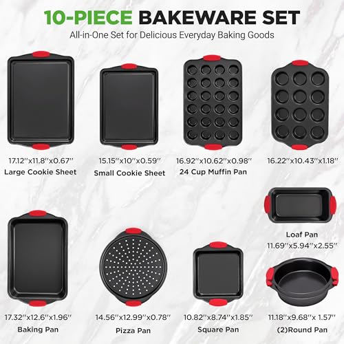 NutriChef 10-Piece Nonstick Kitchen Oven Baking Pans - Premium & Stylish Non-Stick Carbon Steel - Commercial Grade Restaurant Quality Metal Bakeware with Silicone Handles - Easy to Clean, NCSBS10S - size: 10-Piece Set