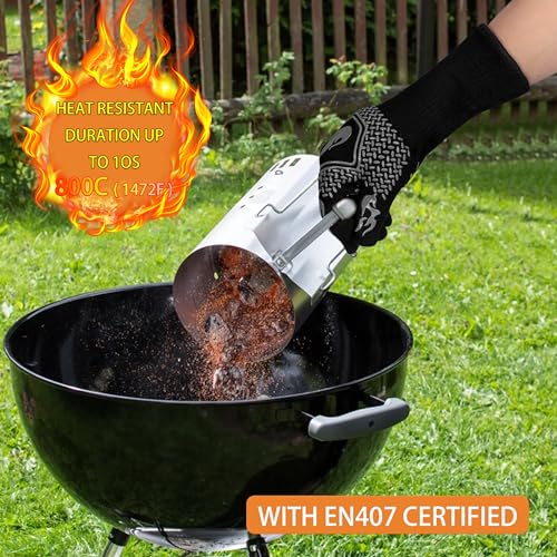 BBQ Gloves 1472F Heat Resistant Non-Slip Silicone 13.5in (Grey) | Grill Cut-Resistant, Oven Kitchen Safe for Barbecue, Cooking, Frying - color: Gray