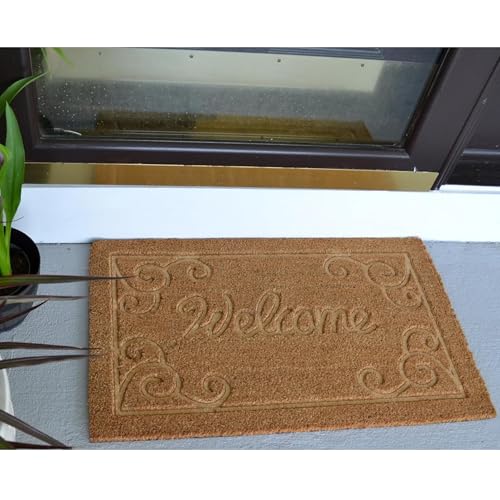 Embossed Welcome Coir Doormat Natural Coconut Fiber Entry Mat Non Slip Backing Heavy Duty Indoor Outdoor Front Door Porch Dirt Trapper Durable Decorative Welcome Rug