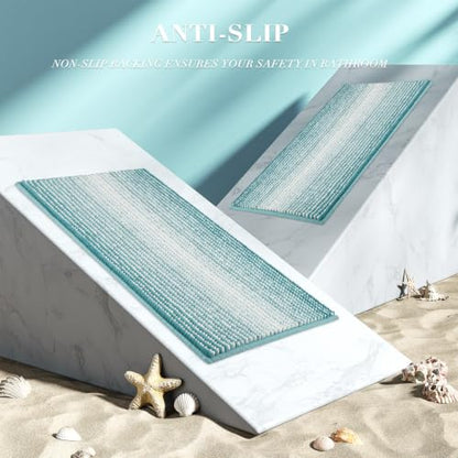 Bathroom Rugs Sets 3 Piece, Toilet Rugs U-Shaped Contour Bath Mat Set, Striped Absorbent Non Slip Chenille Shower Mat, Aqua Green - color: Aqua Green, size: 20"x32"+16"x24"+U Shape 20"x24"