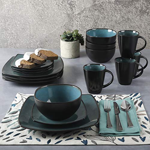 Gibson Elite Soho Lounge 16-Piece Reactive Glaze Dinnerware Set – Teal and Black Tutone Stoneware Plates and Bowls - color: Teal/Black (Soho Lounge), size: Service for 4 (16pcs)