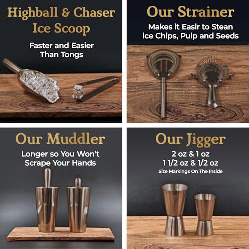 Highball & Chaser Bartender Kit with Black Bamboo Stand Beautiful Cocktail Shaker Set and Bar Tools Stainless Steel Boston Shaker Bartender Kit with Stand (Antique Copper) - color: Antique Copper
