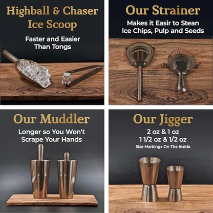 Highball & Chaser Bartender Kit with Black Bamboo Stand Beautiful Cocktail Shaker Set and Bar Tools Stainless Steel Boston Shaker Bartender Kit with Stand (Antique Copper) - color: Antique Copper