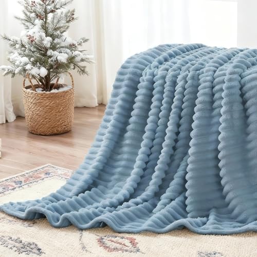 Nookly Light Blue Twin Size Fleece Blanket, Soft Lightweight Ribbed Plush Bed Blanket, Cozy All-Season Striped Fleece Twin Throw for Bedroom and Home, 60x80 Inches - color: Light Blue, size: Twin(60"x80")