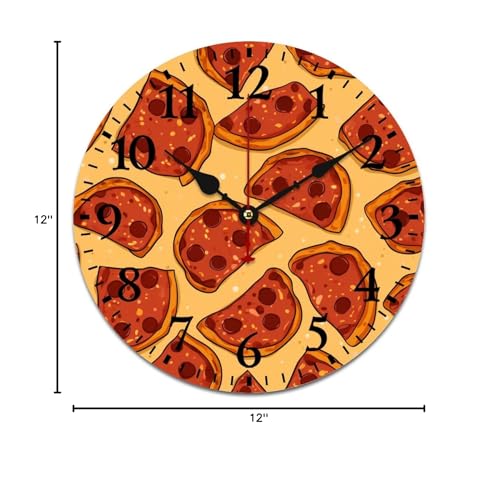 Wall Clocks Pepperoni Cheese Pizza Round Rustic Wood Wall Clock Silent Non-Ticking Quartz Battery Operated Italian Food Wall Clock 12 Inch Home Office School Wooden Wall Clock Art Hanging Clocks - color: Pattern-2, size: 12 Inch