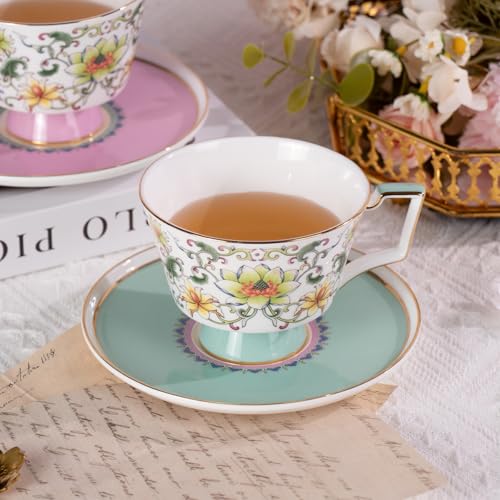 KAMMAK Ceramic Coffee Cups Saucers Set of 2, Porcelain Espresso Cups with Saucers, 8.12 oz Handcrafted Elegant Bone China Tea Cups, Lotus Floral Pattern Teacup for Party, Office, Women Gift - color: Ruyi Lotus (Pink + Green)
