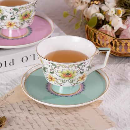 KAMMAK Ceramic Coffee Cups Saucers Set of 2, Porcelain Espresso Cups with Saucers, 8.12 oz Handcrafted Elegant Bone China Tea Cups, Lotus Floral Pattern Teacup for Party, Office, Women Gift - color: Ruyi Lotus (Pink + Green)