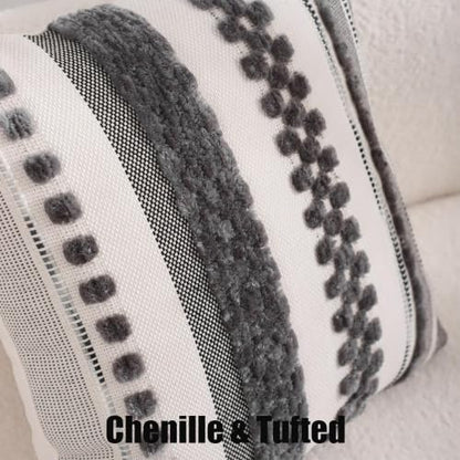 Grey Throw Pillow Covers 18x18 Set of 2 Boho Stripe Pillow Covers Tufted Decorative Pillow Case Accent Pillowcase Farmhouse Cushion Case Nuetral Textured Pillow Cover Spring Home Decor | Durable Fabric,Stripe Pillow Covers,Farmhouse Cushion Case,Chenille