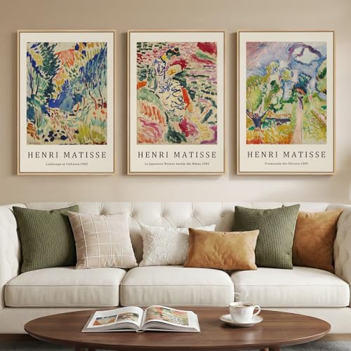 Large Framed Matisse Wall Art for Living room, Set of 3 Colorful Abstract Landscape Canvas Artwork for Walls, Retro Vintage Matisse Famous Paintings Prints Pictures for Bedroom, Hallway Home Office, Total Size 30x60 - color: Colorful-B, size: 20"W x 30" H