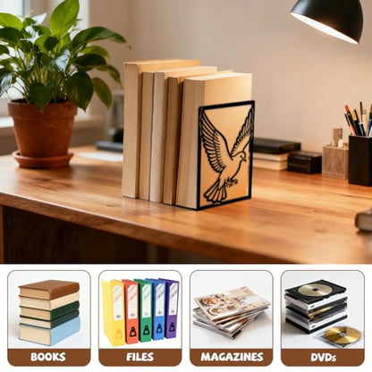 5.3"x4.3"x7.9" Metal Bookends, Heavy Duty Book Ends for Shelves | Pigeon Theme Cast Iron Book Supports, 1 Pair Decor Stoppers for Desk, Library, Office & Home Shelves - style: Pigeon