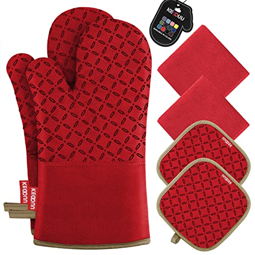KEGOUU Oven Mitts and Pot Holders 6pcs Set, Kitchen Oven Glove High Heat Resistant 500 Degree Extra Long Oven Mitts and Potholder with Non-Slip Silicone Surface for Cooking (Red) - color: Red