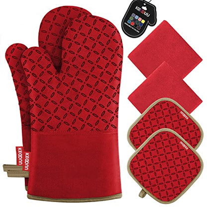 KEGOUU Oven Mitts and Pot Holders 6pcs Set, Kitchen Oven Glove High Heat Resistant 500 Degree Extra Long Oven Mitts and Potholder with Non-Slip Silicone Surface for Cooking (Red) - color: Red