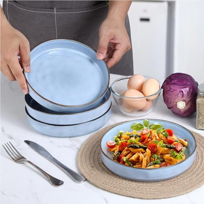 LIANYU Pasta Bowls Set of 4, 8.25’’ Wide Shallow Salad Serving Plate | Stoneware Ceramic Dinner Bowl Plates for Home Kitchen, Microwave & Dishwasher Safe, Serenity Blue - color: Serenity Blue