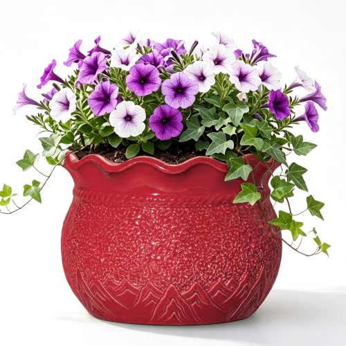 Ceramic Pots for Plants, 12 Inch Flower Pot with Drainage Hole, Red | Decorative Round Plant Pot for Indoor Plants, Unique Indoor Flower Pot, Front Porch Decor, Gifts for Plant Lovers - color: Red, size: 12 Inch