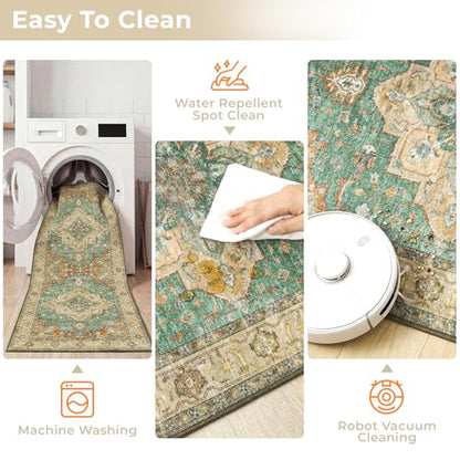3 Piece Kitchen Rugs Sets with Runner, Washable Non Slip Soft Boho Kitchen Mats, Low Pile Stain Resistant Carpet for Hallway, Laundry Room, Entryway(20"x32"+20"x48"+20"x59", Brick Brown Green) - color: Brick Brown Green