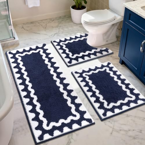 Findosom Bathroom Rugs Sets 3 Piece, Absorbent Soft Non-Slip Bath Rug Set | Washable Microfiber Shaggy Scalloped Bath Mat Set with Bathroom Runner Rug, U-Shaped Toilet Rugs, Shower Rug, Navy - color: Navy & White, size: 18"x26"+18"x48"+U 20"x24"
