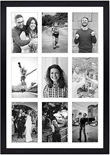 Golden State Art 9-Openings 4x6 Wood Collage Picture Frame Black | Fits Nine 4x6 Photos, White Mat, Photo, Art,13.6x19.7 Poster or Print Display, Tempered Glass,1 Pack - color: Black, size: 1 Pack