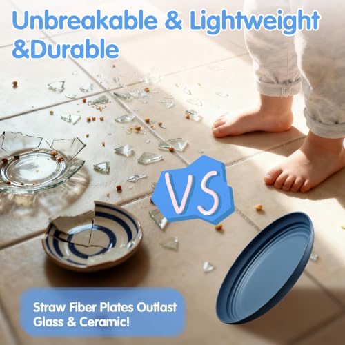 Quatish 16 PCS Unbreakable Reusable Plastic Plates,8 inch Dishwasher & Microwave Safe Dinner Plate, Easy-to-Clean Lightweight,Portable for Kitchen & Picnics Wheat Straw Plates（Blue） - color: Blue