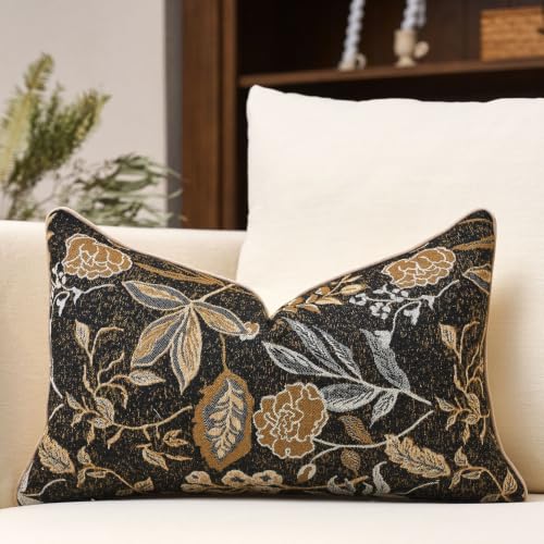 Black Floral Textured Lumbar Throw Pillow Cover 12x20 Fall Vintage Rust Pillow Cover Farmhouse Summer Leaf Cushion Cover Neutral Flower Pillowcase Home Decor for Sofa Living Room Bedding - color: Black, size: 20" x 12" (Pack of 1)
