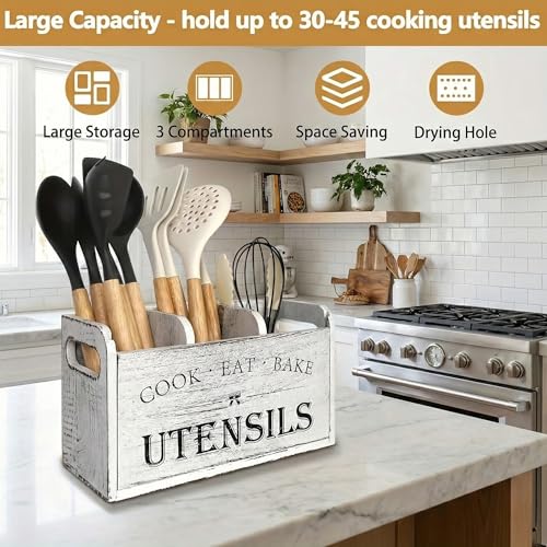 Rustic White Wooden Utensil Holder for Kitchen Counter Decor,Extra Large Kitchen Utensil Holder Silverware Caddy Farmhouse Wood Cutlery Holder Cooking Utensil Stand Storage kitchen Tools Holder