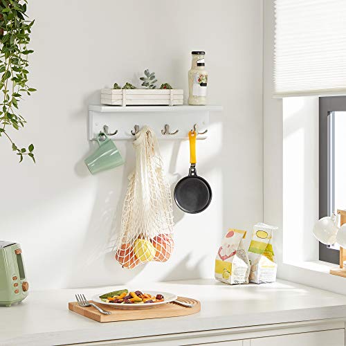 SONGMICS Entryway Hanging Coat Rack, Wall-Mounted Wooden Shelf, with 4 Double Hooks, Wall Floating Shelf, White ULHR42WT - color: White, size: 1 Pack-4 Hooks, style: With Shelf