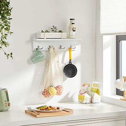 SONGMICS Entryway Hanging Coat Rack, Wall-Mounted Wooden Shelf, with 4 Double Hooks, Wall Floating Shelf, White ULHR42WT - color: White, size: 1 Pack-4 Hooks, style: With Shelf