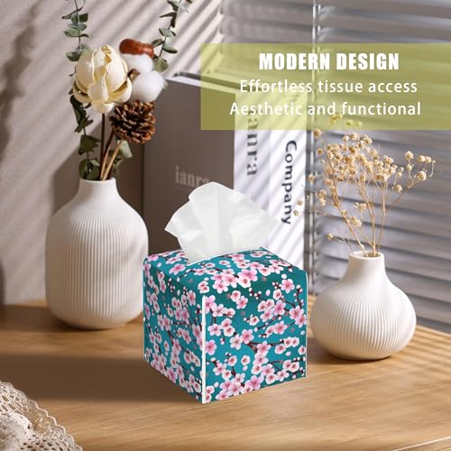 Pink Cherry Blossom Branches Tissue Box Cover Square, Tissue Box Holder with Bottom Belt Leather Facial Paper Organizer Dispenser for Bathroom Bedroom Dresser Night Stand Tabletop - color: Pink Cherry Blossom Branches