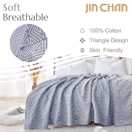jinchan 100% Cotton Muslin Blanket Twin Boho Throw Blanket 50x60 Denim Blue | 3-Layer, Geometric Cross Quilt, Cooling Breathable Lightweight, for Adult, Soft, Reversible, Summer, Couch, Sofa, Bedroom - color: B. Cross Blue, size: 50"x60"