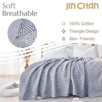 jinchan 100% Cotton Muslin Blanket Twin Boho Throw Blanket 50x60 Denim Blue | 3-Layer, Geometric Cross Quilt, Cooling Breathable Lightweight, for Adult, Soft, Reversible, Summer, Couch, Sofa, Bedroom - color: B. Cross Blue, size: 50"x60"