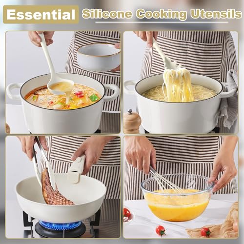 LIANYU 14 Pcs Silicone Cooking Utensils Set with Holder, Cream White | Kitchen Utensils Set for Non-Stick Cookware, 446°F Heat Resistant Cooking Tools with Comfort Grip Handle, Dishwasher safe - color: Cream White