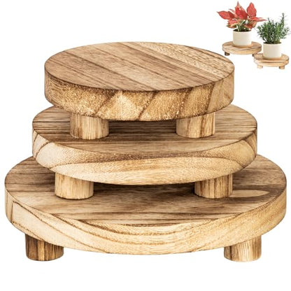 3 pcs Wooden Stool Display Stand, Round Plant Stand, Farmhouse Indoor Small Plant Stand Round Display Stand Wood-Flower Pot Supports Plant for Indoor Outdoor Home, GardenPatio Decorative