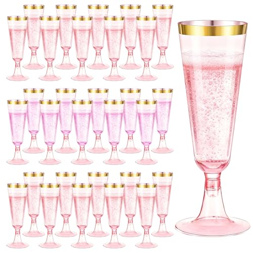 200 Pack Pink Plastic Champagne Flutes with Gold Rim, 5.5 Oz Clear Disposable Plastic Champagne Glasses, Wine Glasses Cups for Wedding Celebration Birthday Party Wine Tasting New Years Eve Supplies - color: Gold Rim Pink, size: 200-Pack