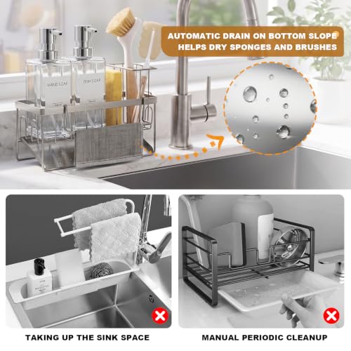 GMISUN Kitchen Soap Dispenser, 12 Fl oz/350ml Clear Dish Soap Dispenser with Silver Sponge Holder, Customized Glass Dish Soap Dispensers for Kitchen, Modern Hand and Dish Soap Dispensers Set Removable - color: Clear Bottle + Silver Rack