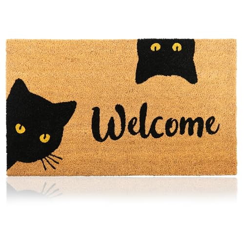 Coir Welcome Mat, Non-Slip, Welcome Cats, 24 x 36 in | 100% Natural Coir, Anti-Shedding, Durable PVC Backing, Traps Dirt and Mud, Indoor and Outdoor Entryway, Easy to Clean - color: Welcome Cats, size: 24x36