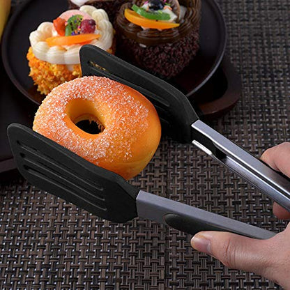 Cooking Tong 9 inches Stainless Steel Kitchen Silicone Serving Tong | Heat Resistant Meat Turner Spatula Tongs Fish Tongs for Grilling Steak Salad Pasta Buffet Serving (Black) - color: Black, size: 9 inch