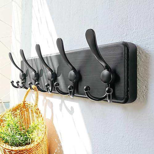 Coat Rack Wall Mounted - 5 Tri Hooks, Heavy Duty, Wooden Wall Coat Hanger Coat Hook for Clothes Hat Jacket Clothing, Black - color: Black, size: L=17.4"